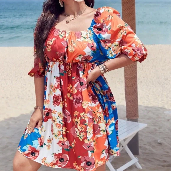 Boho Plus Floral Print Puff Sleeve Vibrant Mini Dress - Picture 3 of 5